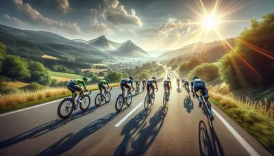 Cyclistes en course sur une route ensoleillée en France.