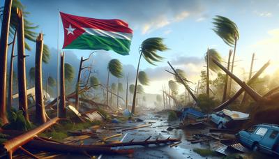 Conséquences du cyclone à Mayotte avec le drapeau national.