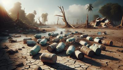 Dommages causés par le cyclone avec paysage desséché et récipients d'eau vides.