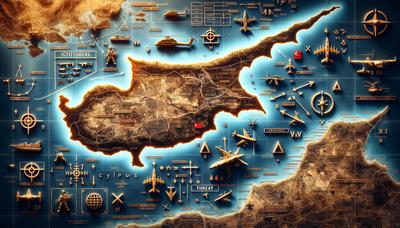 'Mapa de Chipre con símbolos militares y flechas de amenaza.'