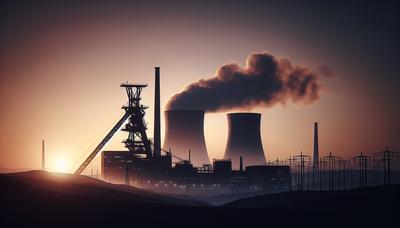 Silhueta de mina de carvão tcheca contra fundo de energia nuclear.