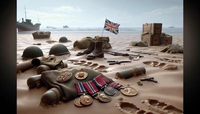 Praia do Dia D com medalhas de soldados e bandeira britânica.