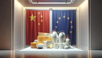 Produits laitiers avec des drapeaux de la Chine et de l'UE en arrière-plan