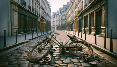 Vélo endommagé allongé dans une rue de Paris.