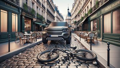 Vélo endommagé dans une rue de Paris à côté d'un SUV.