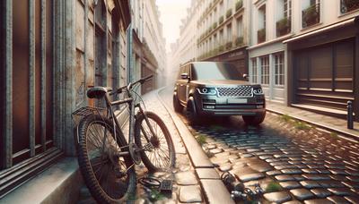 Vélo endommagé dans une rue de Paris avec un SUV en arrière-plan.