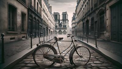 Vélo endommagé dans une rue parisienne sous ciel gris.