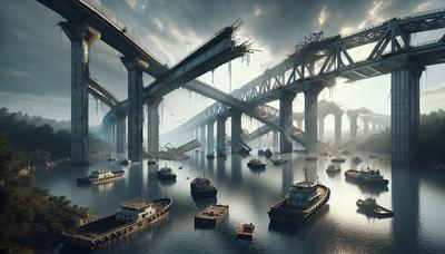 Beschadigde brug over rivier met stilgelegde schepen.