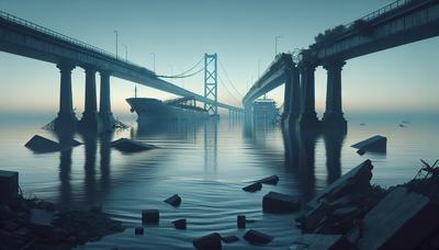 Ponte danificada com navio ao fundo.