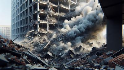 Escombros de un edificio dañado con humo elevándose hacia el cielo.