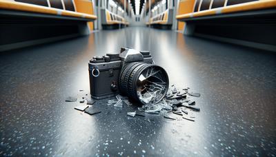 Fotocamera danneggiata sul pavimento della metropolitana con l'obiettivo rotto.