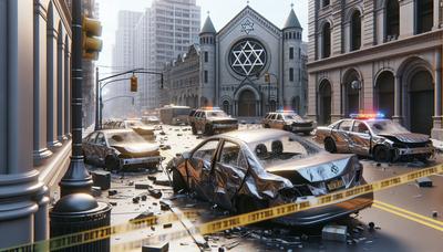 Voitures endommagées près de la synagogue avec des barrières de ruban de police.