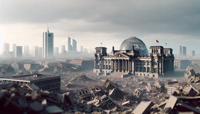 Beschädigte Stadtsilhouette mit dem Reichstagsgebäude im Hintergrund.