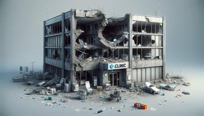 Beschadigd kliniekgebouw met verspreide medische benodigdheden.