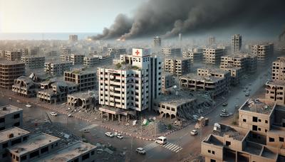 Edifici ospedalieri danneggiati in un paesaggio urbano fumoso a Gaza.