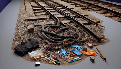 Beschädigte Bahnkabel mit Ermittlern, die den Tatort untersuchen.