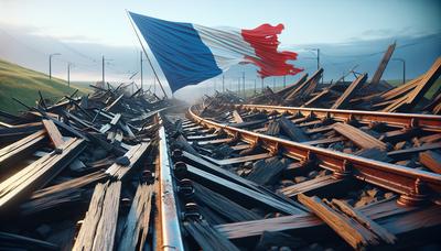 Voies ferrées endommagées avec un drapeau français en arrière-plan.