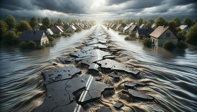 Strada danneggiata con le acque alluvionali che circondano un villaggio.