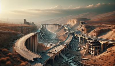 Carreteras y puentes dañados cerca de la frontera entre Líbano y Siria.