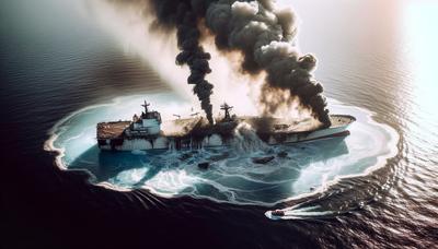 Navire endommagé en mer Rouge au milieu de la fumée.