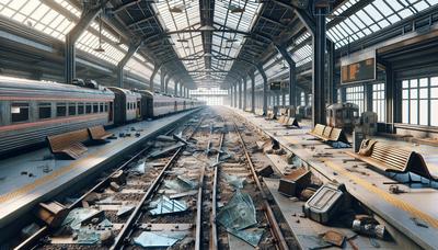 Beschädigter Bahnhof mit Trümmern und stillstehenden Zügen.