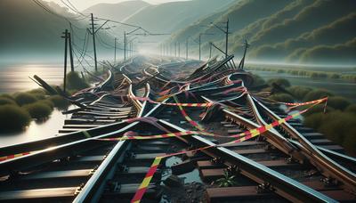 Voies ferrées endommagées avec des rubans de signalisation entourant la zone.