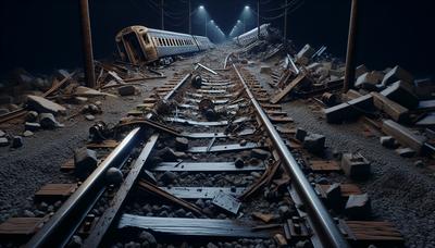 Scène nocturne de voies ferrées endommagées avec des débris éparpillés.