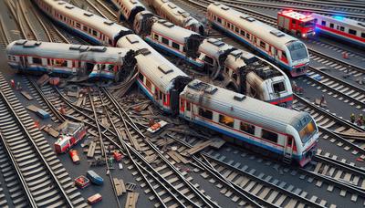 Treni danneggiati sui binari con soccorritori presenti.