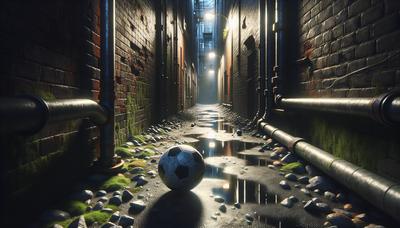 Ruelle sombre avec un ballon de football solitaire.