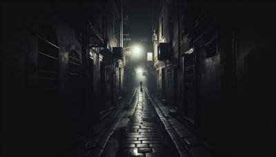 Ruelle sombre avec une silhouette et des ombres.