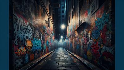 Ruelle sombre avec des graffitis et des ombres menaçantes.