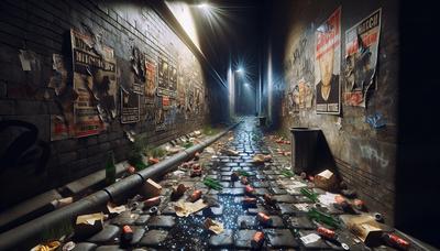 Callejón oscuro con carteles políticos y cristales rotos.