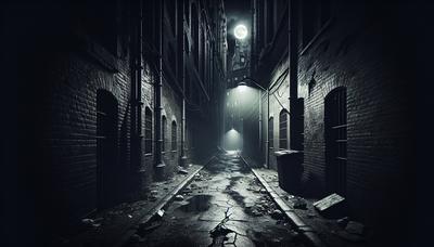 Ruelle sombre avec des ombres menaçantes et un lampadaire cassé.