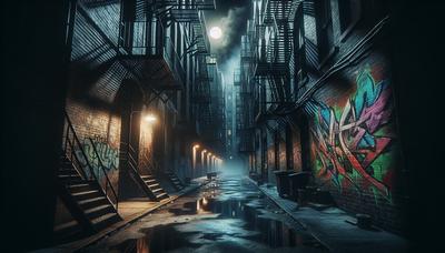 Ruelle sombre avec des ombres menaçantes et des graffitis.