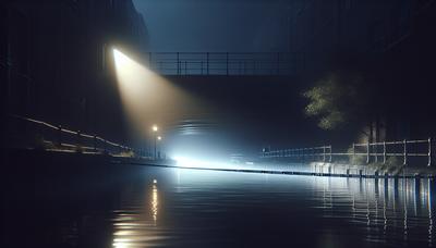 Canale buio con nastro della polizia di sera.