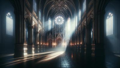 Ombres sombres d'église avec une lumière solennelle filtrant à travers les fenêtres.