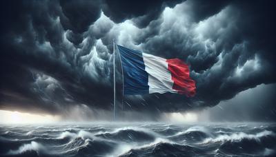 Des nuages sombres au-dessus du drapeau français par temps orageux.