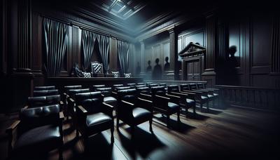 Salle d'audience sombre avec une ombre menaçante et des chaises vides.