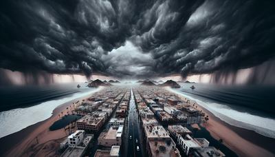 Nuages d'orage sombres au-dessus des rues inondées de Los Cabos.