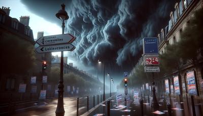 Nuages d'orage sombres au-dessus des affiches électorales françaises.