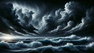 Nubes oscuras y tormentosas sobre olas oceánicas turbulentas.