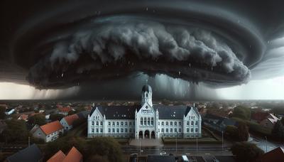 Ciel sombre et orageux au-dessus du bâtiment de la charité Emmaüs.