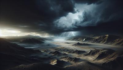 Donkere stormachtige lucht boven een verlaten landschap.