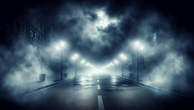 Strada buia con atmosfera misteriosa e nebbiosa cielo notturno.