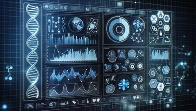 Gráficos de análisis de datos e íconos de ciencia en pantalla