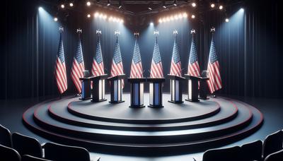 Palco de debate com bandeiras americanas e púlpitos de debate.