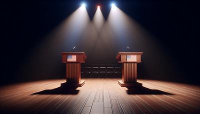 Debat podiums Amerikaanse vlaggen spotlight lege podium