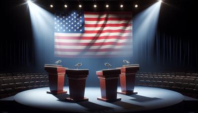 Podios del escenario del debate con focos bajo la bandera estadounidense.