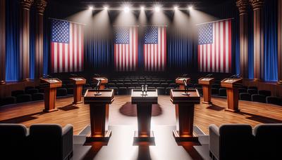 Escenario de debate con banderas americanas y podios