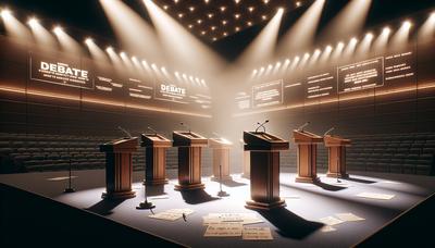 Escenario de debate con podios destacados y notas estratégicas.